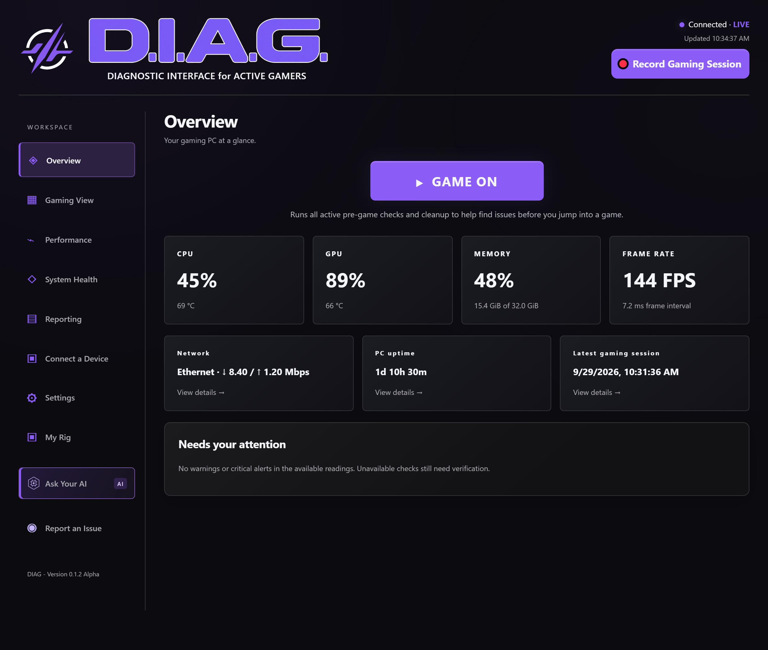 DIAG dashboard with CPU, GPU, memory, frame rate and network readings